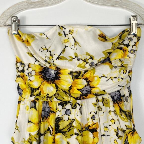 Forever 21 Flower Print Strapless Mini Dress Cream Yellow Sundress - Picture 3 of 11